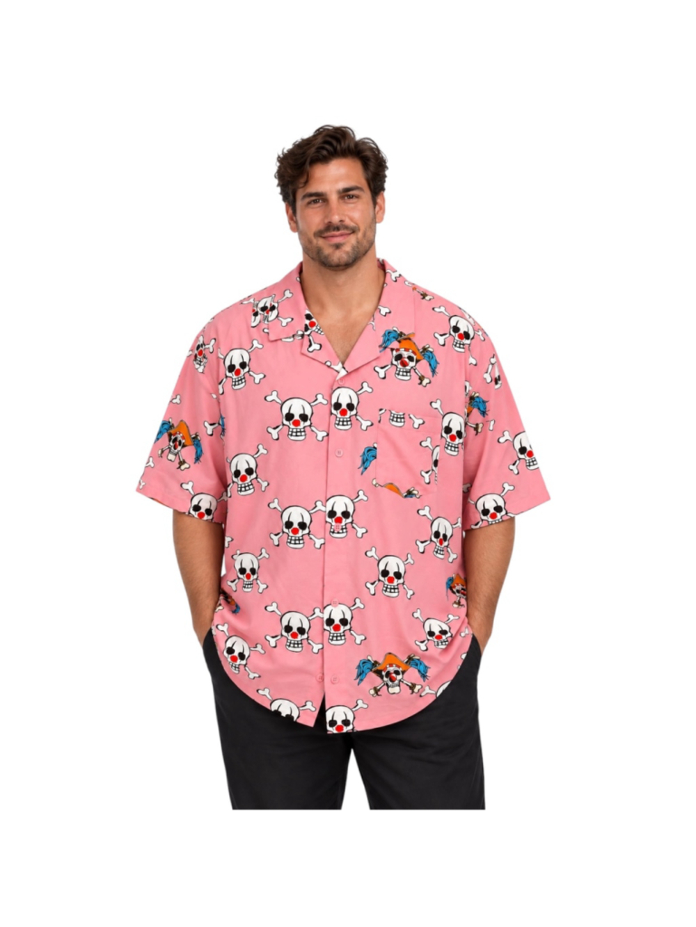 Netflix One Piece Buggy Skull Pink Button-Up Shirt Men’s 3XL